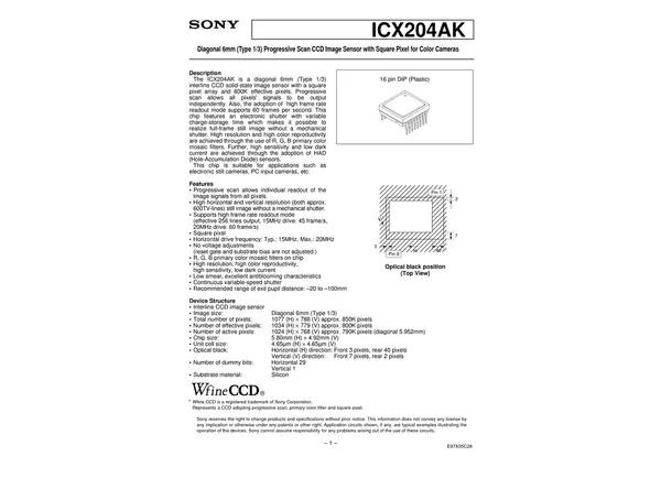 Datasheet for Sony ICX204AK CCD Sensor