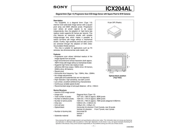 Datasheet for Sony ICX204AL CCD Sensor