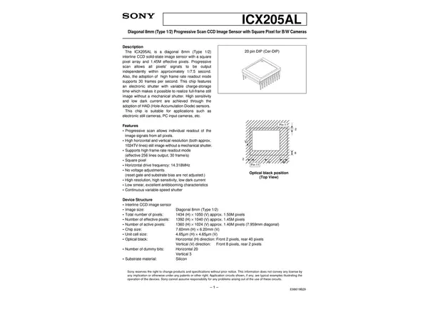 Datasheet for Sony ICX205AL CCD Sensor