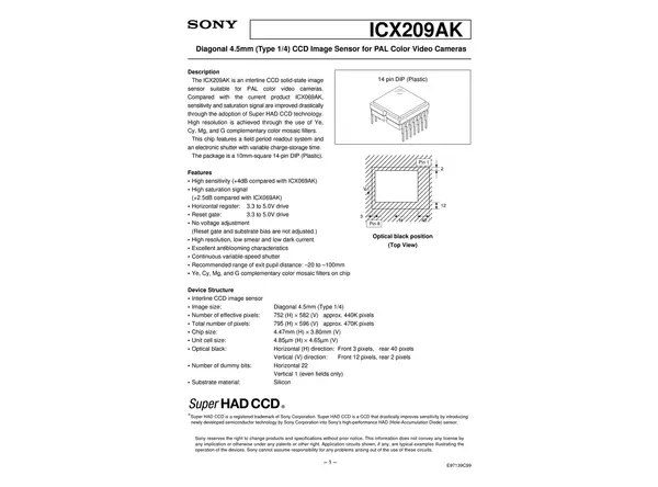 Datasheet for Sony ICX209AK CCD Sensor