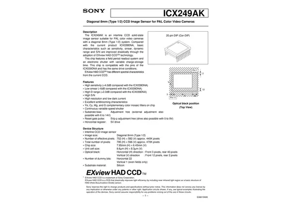Datasheet for Sony ICX249AK CCD Sensor