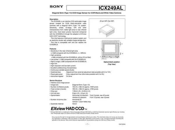 Datasheet for Sony ICX249AL CCD Sensor