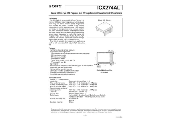 Datasheet for Sony ICX274AL CCD Sensor