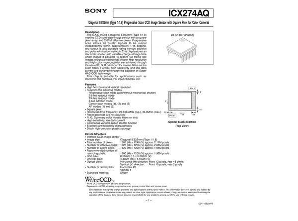 Datasheet for Sony ICX274AQ CCD Sensor