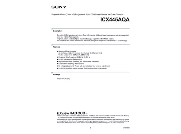 Datasheet for Sony ICX445AQA CCD Sensor