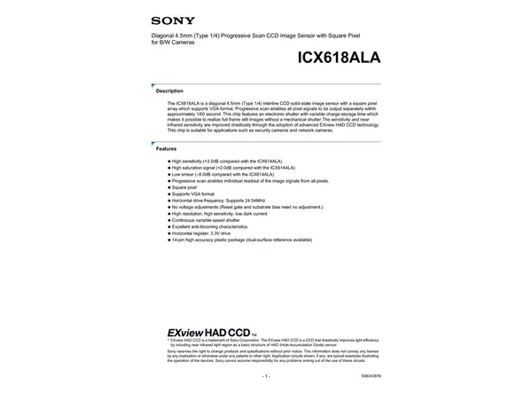 Datasheet for Sony ICX618ALA CCD Sensor