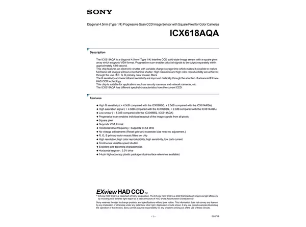 Datasheet for Sony ICX618AQA CCD Sensor