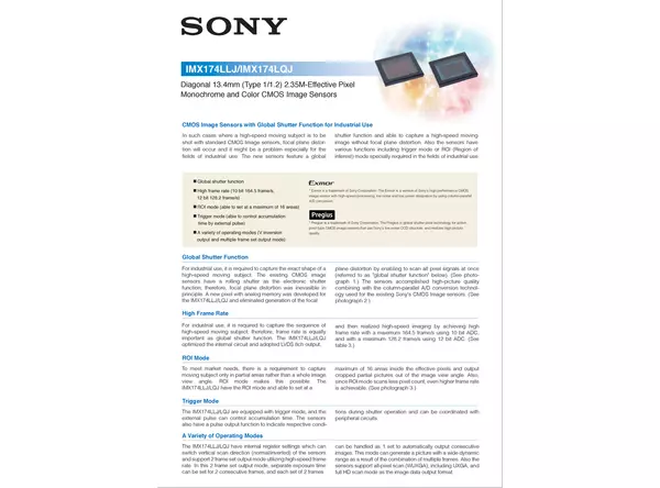 Datasheet for Sony IMX174LLJ CMOS Sensor