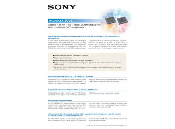 Datasheet for Sony IMX183CLK CMOS Sensor