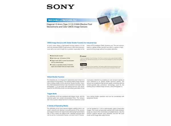 Datasheet for Sony IMX249LLJ CMOS Sensor
