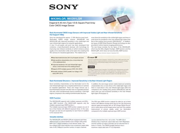 Datasheet for Sony IMX290LQR CMOS Sensor