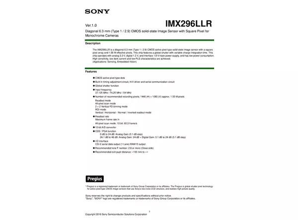 Datasheet for Sony IMX296LLR CMOS Sensor