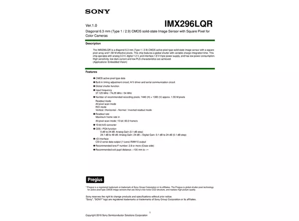 Datasheet for Sony IMX296LQR CMOS Sensor