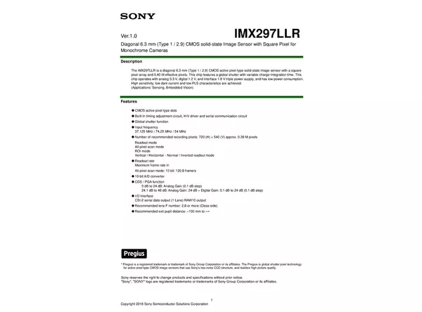 Datasheet for Sony IMX297LLR CMOS Sensor