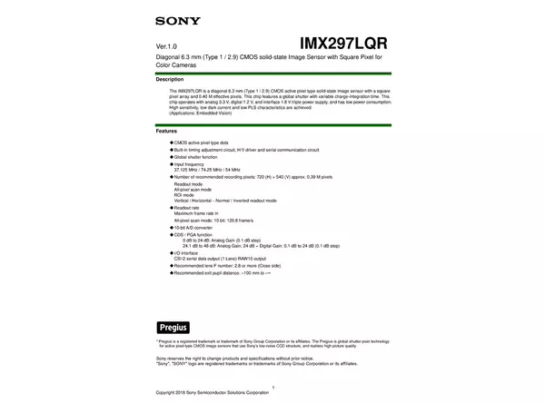 Datasheet for Sony IMX297LQR CMOS Sensor