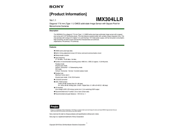 Datasheet for Sony IMX304LLR CMOS Sensor