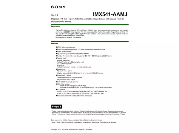 Datasheet for Sony IMX541-AAMJ CMOS Sensor