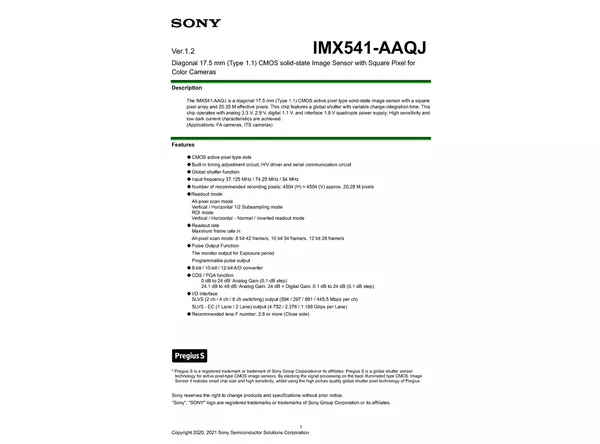 Datasheet for Sony IMX541-AAQJ CMOS Sensor
