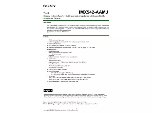 Datasheet for Sony IMX542-AAMJ CMOS Sensor