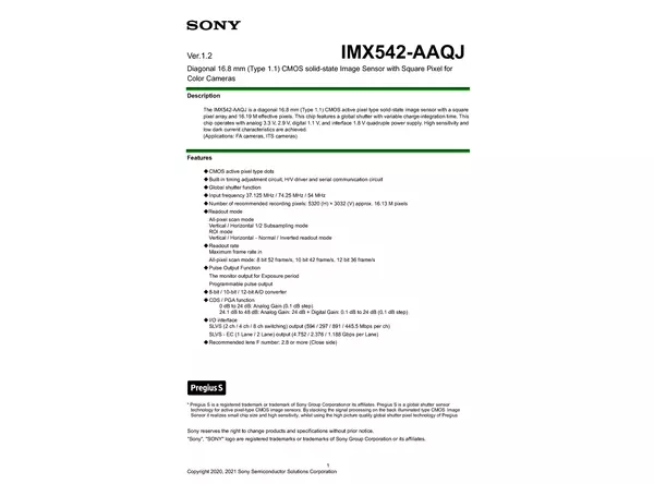 Datasheet for Sony IMX542-AAQJ CMOS Sensor