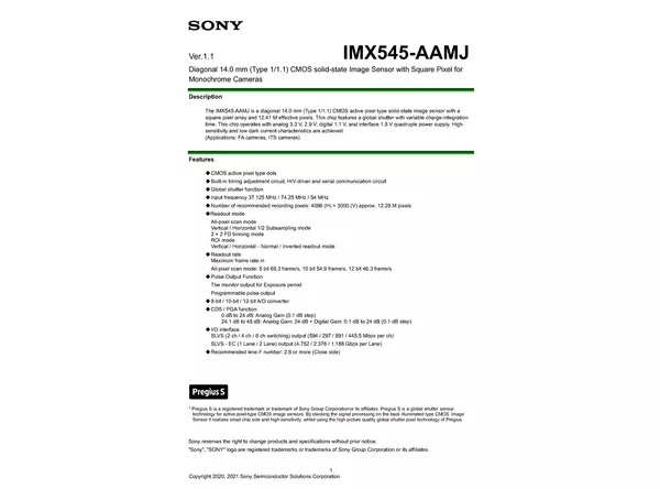 Datasheet for Sony IMX545-AAMJ CMOS Sensor