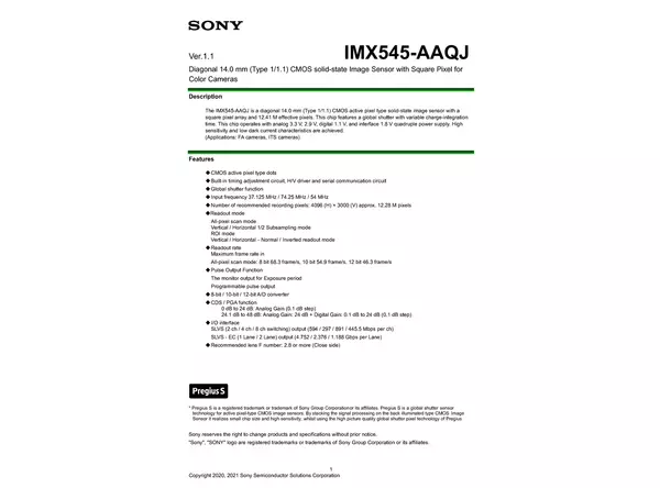 Datasheet for Sony IMX545-AAQJ CMOS Sensor