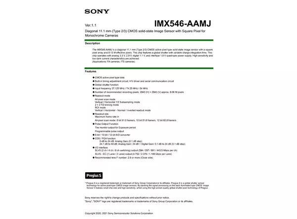 Datasheet for Sony IMX546-AAMJ CMOS Sensor