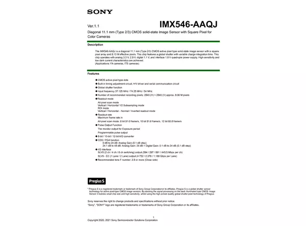 Datasheet for Sony IMX546-AAQJ CMOS Sensor
