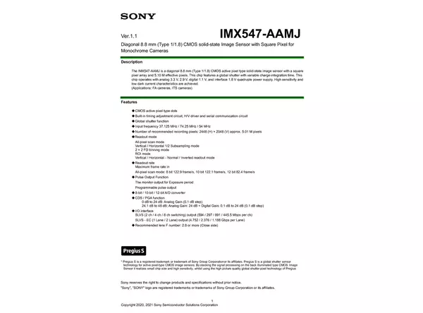 Datasheet for Sony IMX547-AAMJ CMOS Sensor
