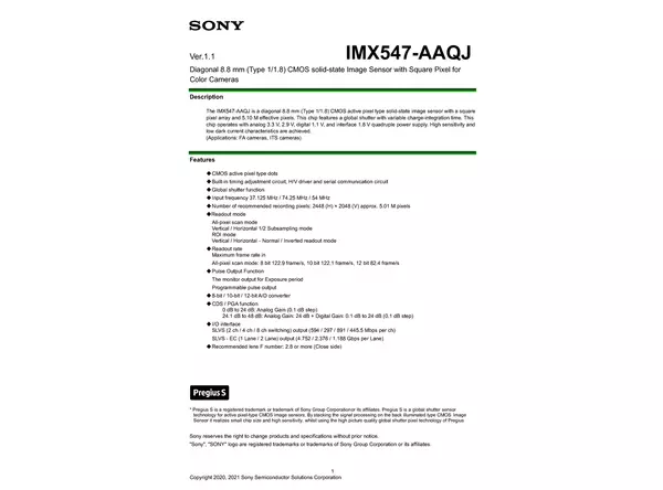 Datasheet for Sony IMX547-AAQJ CMOS Sensor