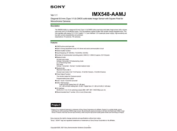 Datasheet for Sony IMX548-AAMJ CMOS Sensor