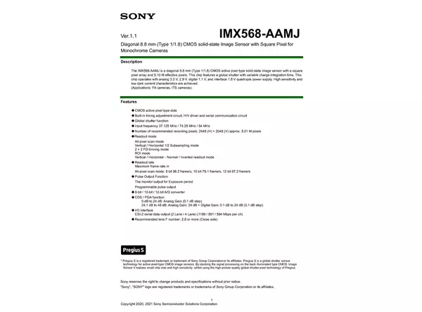 Datasheet for Sony IMX568-AAMJ CMOS Sensor