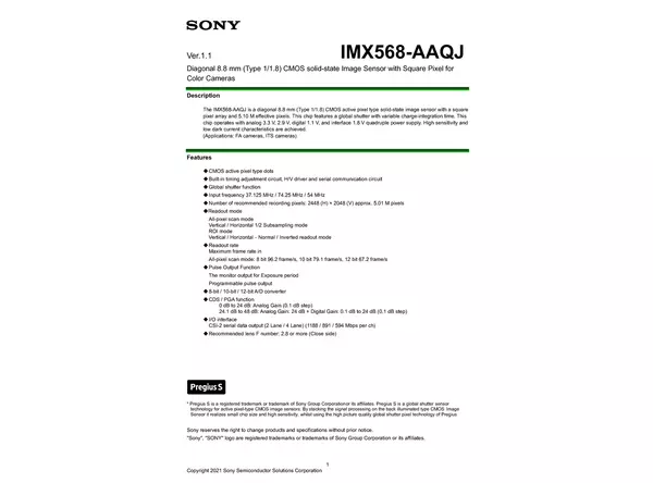 Datasheet for Sony IMX568-AAQJ CMOS Sensor